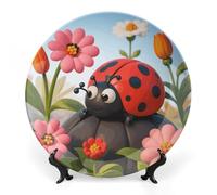 ERSTSNCK Cartoon Ladybug Flower Ceramic Plate 8inch Decorative Bone China Wall Hanging Ornament Plates Bohemian Style Dinner Plate with Display Stand Cabinet Display Plates for Home Art Decor