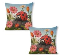 ERSTSNCK Cartoon Ladybug Flower Pillow Covers 18"x18"（2pcs） Linen Throw Pillow Covers - Double Sided Decorative Square Cushion Cases for Sofa, Bed, Chair (No Insert Included)
