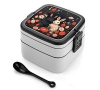 ERSTSNCK Cartoon Rabbit Couple Bento Box 1000ml Leak Proof Lunch Container with Removable Dividers & Spoon - BPA-Free PP Stackable Lunch Box for Work, Office, Picnic, Travel, Dining Out