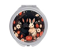 ERSTSNCK Cartoon Rabbit Couple Compact Mirror for Purse, Double-Sided 1x/2x Magnifying Metal Pocket Makeup Mirrors, Folding Mini Vanity Mirror, Handheld Round Travel Cosmetic Mirrors for Women