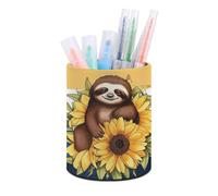 ERSTSNCK Cartoon Sloth Sitting on Sunflower Pen Holder, Pencil Holder Desktop Stationery Organizer Round Leather Pencil Cup Makeup Brush Storage Box for Office Home And Stationary Supplies