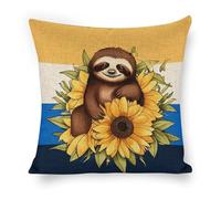ERSTSNCK Cartoon Sloth Sitting on Sunflower Pillow Covers 18"x18" Linen Throw Pillow Covers - Double Sided Decorative Square Cushion Cases for Sofa, Bed, Chair (No Insert Included)