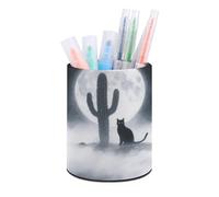 ERSTSNCK Cat Cactus Pen Holder, Pencil Holder Desktop Stationery Organizer Round Leather Pencil Cup Makeup Brush Storage Box for Office Home And Stationary Supplies