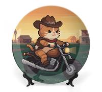 ERSTSNCK Cat Riding A Motorcycle Ceramic Decorative Plate 8inch Bone China Wall Hanging Ornament Plates Bohemian Style Dinner Plate with Stand Cabinet Display Plates for Home Art Decor