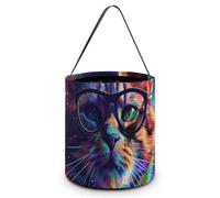ERSTSNCK Cat Wearing Glasses Halloween Candy Buckets Reusable Tote Candy Bag - Trick Or Treat Goody Bag with Handles