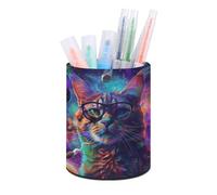 ERSTSNCK Cat Wearing Glasses Pen Holder, Pencil Holder Desktop Stationery Organizer Round Leather Pencil Cup Makeup Brush Storage Box for Office Home And Stationary Supplies