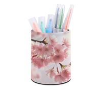 ERSTSNCK Cherry Blossom Pen Holder, Pencil Holder Desktop Stationery Organizer Round Leather Pencil Cup Makeup Brush Storage Box for Office Home And Stationary Supplies