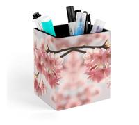 ERSTSNCK Cherry Blossom Pen Holder, Pencil Holder Desktop Stationery Organizer Square Leather Pencil Cup Makeup Brush Storage Box for Office Home And Stationary Supplies