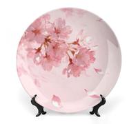 ERSTSNCK Cherry Blossom Petals Ceramic Decorative Plate 6inch Bone China Wall Hanging Ornament Plates Bohemian Style Dinner Plate with Stand Cabinet Display Plates for Home Art Decor
