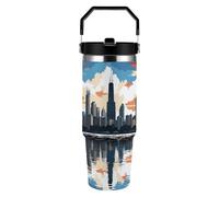 ERSTSNCK Chicago Skyline 30oz Tumbler Large Capacity Car Cup with Handle And Straw Lid Stainless Steel Travel Mug Double Wall Vacuum Insulated Cup Leak-Proof for Outdoor Home Use