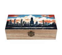 ERSTSNCK Chicago Skyline Wooden Storage Box Elegant Retro Jewelry Box with Hinged Lid Decorative Keepsake Boxes Decor Handmade Organizer Boxes for Wedding, Party, Gift, Diy Craft, Home Decor