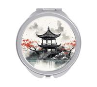 ERSTSNCK Chinese Ink Painting Compact Mirror for Purse, Double-Sided 1x/2x Magnifying Metal Pocket Makeup Mirrors, Folding Mini Vanity Mirror, Handheld Round Travel Cosmetic Mirrors for Women