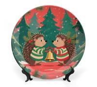 ERSTSNCK Christmas Hedgehogs Ceramic Decorative Plate 6inch Bone China Wall Hanging Ornament Plates Bohemian Style Dinner Plate with Stand Cabinet Display Plates for Home Art Decor
