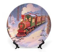 ERSTSNCK Christmas Train Ceramic Decorative Plate 6inch Bone China Wall Hanging Ornament Plates Bohemian Style Dinner Plate with Stand Cabinet Display Plates for Home Art Decor