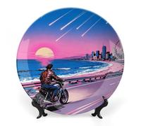 ERSTSNCK Coastal Road Cycling Ceramic Decorative Plate 8inch Bone China Wall Hanging Ornament Plates Bohemian Style Dinner Plate with Stand Cabinet Display Plates for Home Art Decor