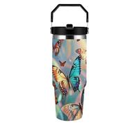 ERSTSNCK Color Butterfly Background 30oz Tumbler Large Capacity Car Cup with Handle And Straw Lid Stainless Steel Travel Mug Double Wall Vacuum Insulated Cup Leak-Proof for Outdoor Home Use