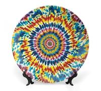 ERSTSNCK Color Tie Dye Ceramic Decorative Plate 10inch Bone China Wall Hanging Ornament Plates Bohemian Style Dinner Plate with Stand Cabinet Display Plates for Home Art Decor