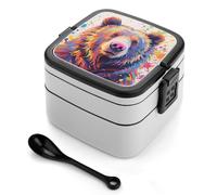 ERSTSNCK Colorful Bear Painting Bento Box 1000ml Leak Proof Lunch Container with Removable Dividers & Spoon - BPA-Free PP Stackable Lunch Box for Work, Office, Picnic, Travel, Dining Out