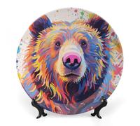 ERSTSNCK Colorful Bear Painting Ceramic Plate 7inch Decorative Bone China Wall Hanging Ornament Plates Bohemian Style Dinner Plate with Display Stand Cabinet Display Plates for Home Art Decor