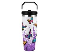 ERSTSNCK Colorful Butterflies 30oz Tumbler Large Capacity Car Cup with Handle And Straw Lid Stainless Steel Travel Mug Double Wall Vacuum Insulated Cup Leak-Proof for Outdoor Home Use