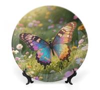 ERSTSNCK Colorful Butterfly Ceramic Plate 7inch Decorative Bone China Wall Hanging Ornament Plates Bohemian Style Dinner Plate with Display Stand Cabinet Display Plates for Home Art Decor