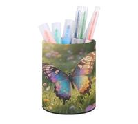 ERSTSNCK Colorful Butterfly Pen Holder, Pencil Holder Desktop Stationery Organizer Round Leather Pencil Cup Makeup Brush Storage Box for Office Home And Stationary Supplies