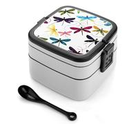 ERSTSNCK Colorful Dragonfly Bento Box 1000ml Leak Proof Lunch Container with Removable Dividers & Spoon - BPA-Free PP Stackable Lunch Box for Work, Office, Picnic, Travel, Dining Out