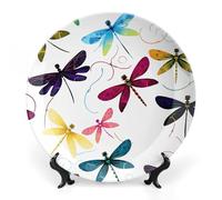 ERSTSNCK Colorful Dragonfly Ceramic Plate 6inch Decorative Bone China Wall Hanging Ornament Plates Bohemian Style Dinner Plate with Display Stand Cabinet Display Plates for Home Art Decor