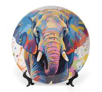 ERSTSNCK Colorful Elephant Painting Ceramic Plate 8inch Decorative Bone China Wall Hanging Ornament Plates Bohemian Style Dinner Plate with Display Stand Cabinet Display Plates for Home Art Decor