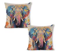 ERSTSNCK Colorful Elephant Painting Pillow Covers 18"x18"（2pcs） Linen Throw Pillow Covers - Double Sided Decorative Square Cushion Cases for Sofa, Bed, Chair (No Insert Included)