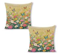 ERSTSNCK Colorful Flower Sea World Pillow Covers 18"x18"（2pcs） Linen Throw Pillow Covers - Double Sided Decorative Square Cushion Cases for Sofa, Bed, Chair (No Insert Included)