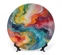 ERSTSNCK Colorful Fluid Arts Ceramic Decorative Plate 7inch Bone China Wall Hanging Ornament Plates Bohemian Style Dinner Plate with Stand Cabinet Display Plates for Home Art Decor