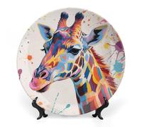 ERSTSNCK Colorful Giraffe Painting Ceramic Plate 6inch Decorative Bone China Wall Hanging Ornament Plates Bohemian Style Dinner Plate with Display Stand Cabinet Display Plates for Home Art Decor