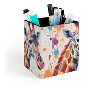 ERSTSNCK Colorful Giraffe Painting Pen Holder, Pencil Holder Desktop Stationery Organizer Square Leather Pencil Cup Makeup Brush Storage Box for Office Home And Stationary Supplies