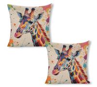ERSTSNCK Colorful Giraffe Painting Pillow Covers 18"x18"（2pcs） Linen Throw Pillow Covers - Double Sided Decorative Square Cushion Cases for Sofa, Bed, Chair (No Insert Included)