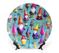 ERSTSNCK Colorful Gnomes Ceramic Decorative Plate 8inch Bone China Wall Hanging Ornament Plates Bohemian Style Dinner Plate with Stand Cabinet Display Plates for Home Art Decor