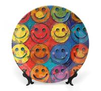 ERSTSNCK Colorful Happy Face Ceramic Decorative Plate 10inch Bone China Wall Hanging Ornament Plates Bohemian Style Dinner Plate with Stand Cabinet Display Plates for Home Art Decor