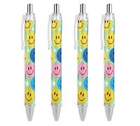 ERSTSNCK Colorful Happy Face Print Black Ballpoint Pens Fine Point (0.5mm) Black Ink Pen Retractable Ball Point Pens with Comfortable Full Grip for Journaling, And Office Writing Ideal 4 PCS