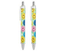 ERSTSNCK Colorful Happy Face Print Black Ballpoint Pens Fine Point (0.5mm) Black Ink Pen Retractable Ball Point Pens with Comfortable Full Grip for Journaling, And Office Writing Ideal 2 PCS