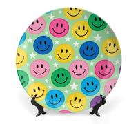 ERSTSNCK Colorful Happy Face Print Ceramic Decorative Plate 10inch Bone China Wall Hanging Ornament Plates Bohemian Style Dinner Plate with Stand Cabinet Display Plates for Home Art Decor