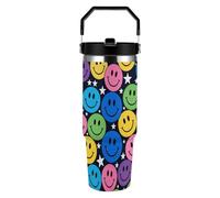 ERSTSNCK Colorful Happy Faces 30oz Tumbler Large Capacity Car Cup with Handle And Straw Lid Stainless Steel Travel Mug Double Wall Vacuum Insulated Cup Leak-Proof for Outdoor Home Use
