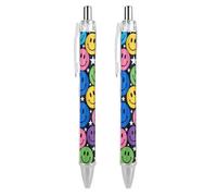 ERSTSNCK Colorful Happy Faces Black Ballpoint Pens Fine Point (0.5mm) Black Ink Pen Retractable Ball Point Pens with Comfortable Full Grip for Journaling, And Office Writing Ideal 2 PCS
