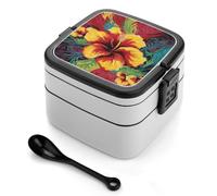ERSTSNCK Colorful Hibiscus Bento Box 1000ml Leak Proof Lunch Container with Removable Dividers & Spoon - BPA-Free PP Stackable Lunch Box for Work, Office, Picnic, Travel, Dining Out