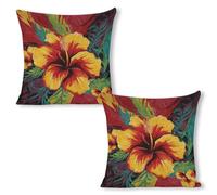 ERSTSNCK Colorful Hibiscus Pillow Covers 18"x18"（2pcs） Linen Throw Pillow Covers - Double Sided Decorative Square Cushion Cases for Sofa, Bed, Chair (No Insert Included)