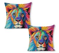 ERSTSNCK Colorful Lion Pillow Covers 18"x18"（2pcs） Linen Throw Pillow Covers - Double Sided Decorative Square Cushion Cases for Sofa, Bed, Chair (No Insert Included)