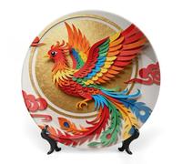 ERSTSNCK Colorful Phoenix Art Ceramic Decorative Plate 10inch Bone China Wall Hanging Ornament Plates Bohemian Style Dinner Plate with Stand Cabinet Display Plates for Home Art Decor