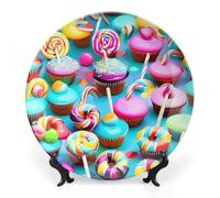 ERSTSNCK Colorful Sweet Lollipop Cupcake Donut Ceramic Decorative Plate 7inch Bone China Wall Hanging Ornament Plates Bohemian Style Dinner Plate with Stand Cabinet Display Plates for Home Art Decor