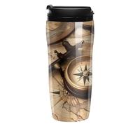 ERSTSNCK Compass And Old World Map 12 Oz Travel Coffee Mug Vacuum Insulated Travel Mug Leakproof Cup with Lid Reusable Coffee Tumbler for Hot And Cold Drinks, Gift for Men And Women