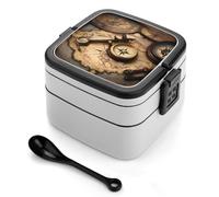 ERSTSNCK Compass And Old World Map Bento Box 1000ml Leak Proof Lunch Container with Removable Dividers & Spoon - BPA-Free PP Stackable Lunch Box for Work, Office, Picnic, Travel, Dining Out