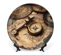 ERSTSNCK Compass And Old World Map Ceramic Decorative Plate 6inch Bone China Wall Hanging Ornament Plates Bohemian Style Dinner Plate with Stand Cabinet Display Plates for Home Art Decor